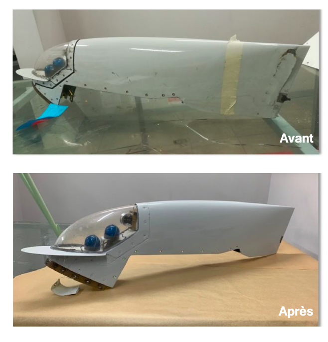 Vue avant après d'une remise en état d’une pièce aéronautique en composite